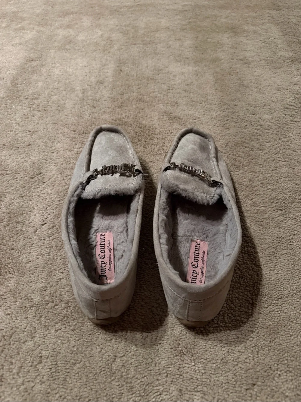 Juicy Couture Gray Suede Plush-Lined Moccasin Slippers